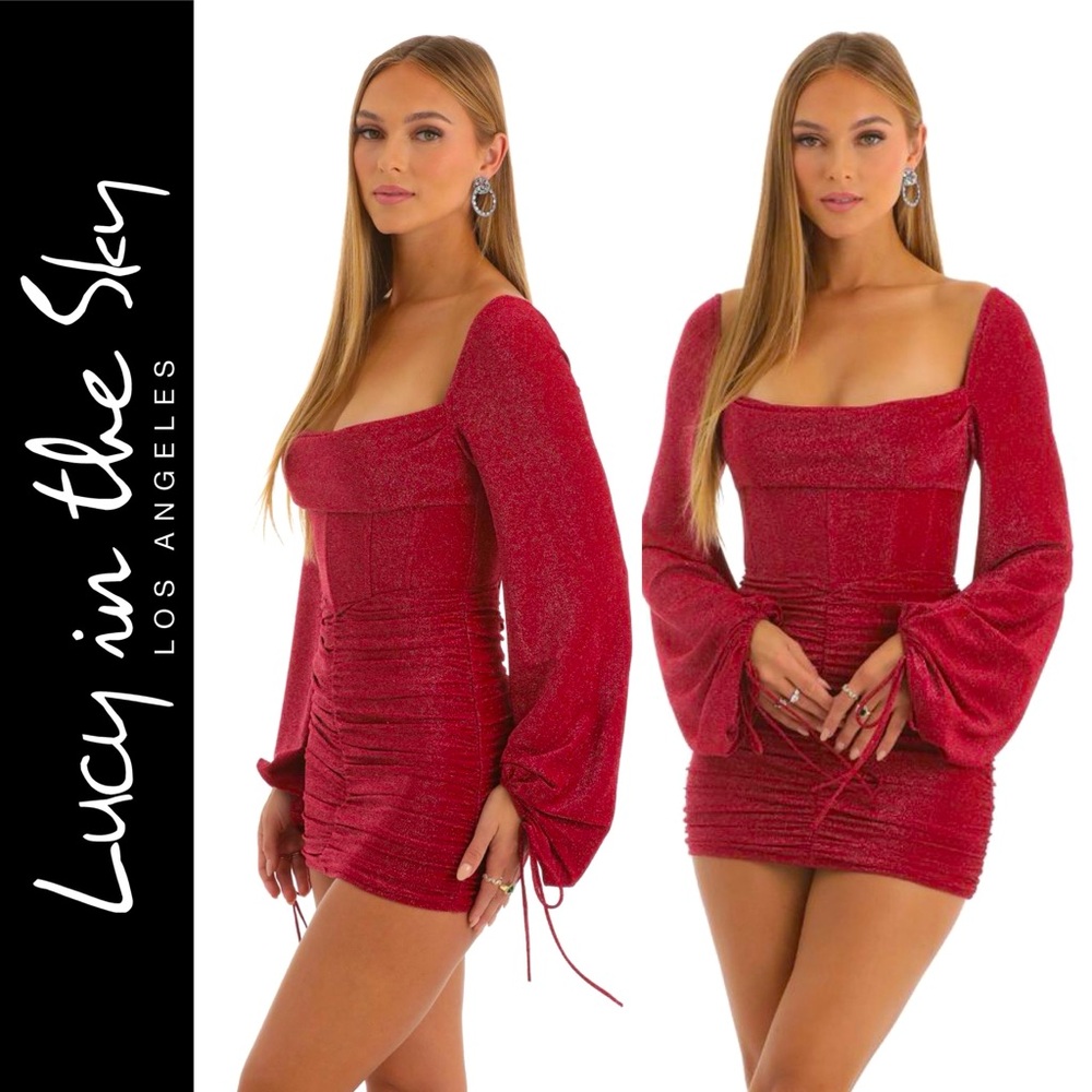 Lucy in the Sky Glitter Long Sleeve Corset Mini Dress in Red Christmas party